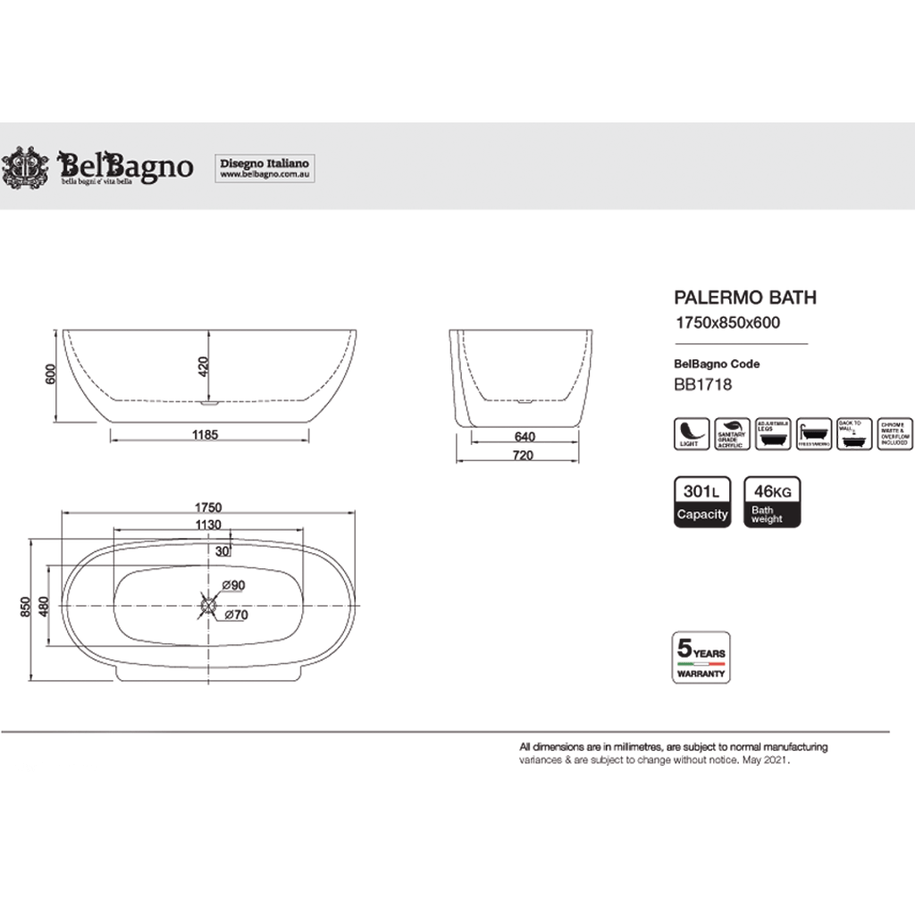 Freestanding Bath (PALERMO-1750) Gloss White
