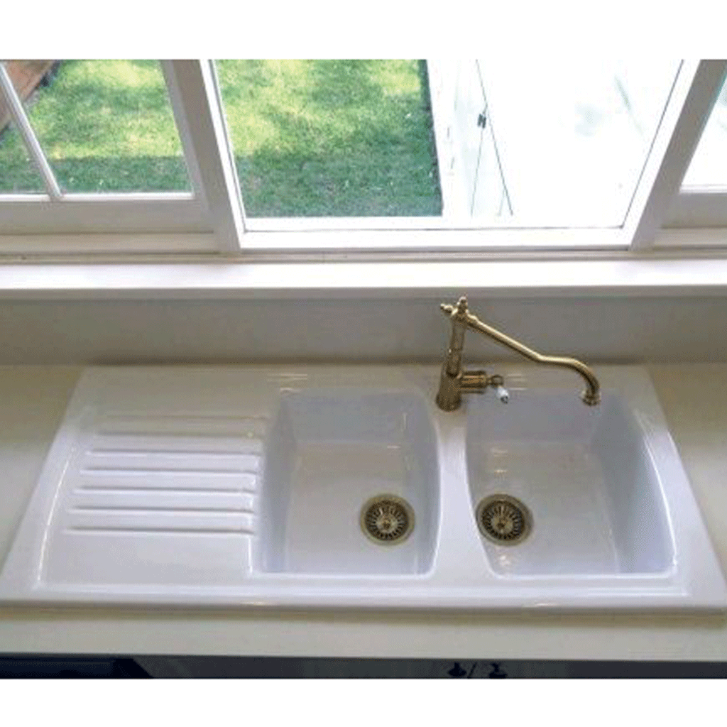 Fine Fireclay Double Sink (LUSITANO-120) Gloss White - 1 Tap Hole (Left Hand Drainer)
