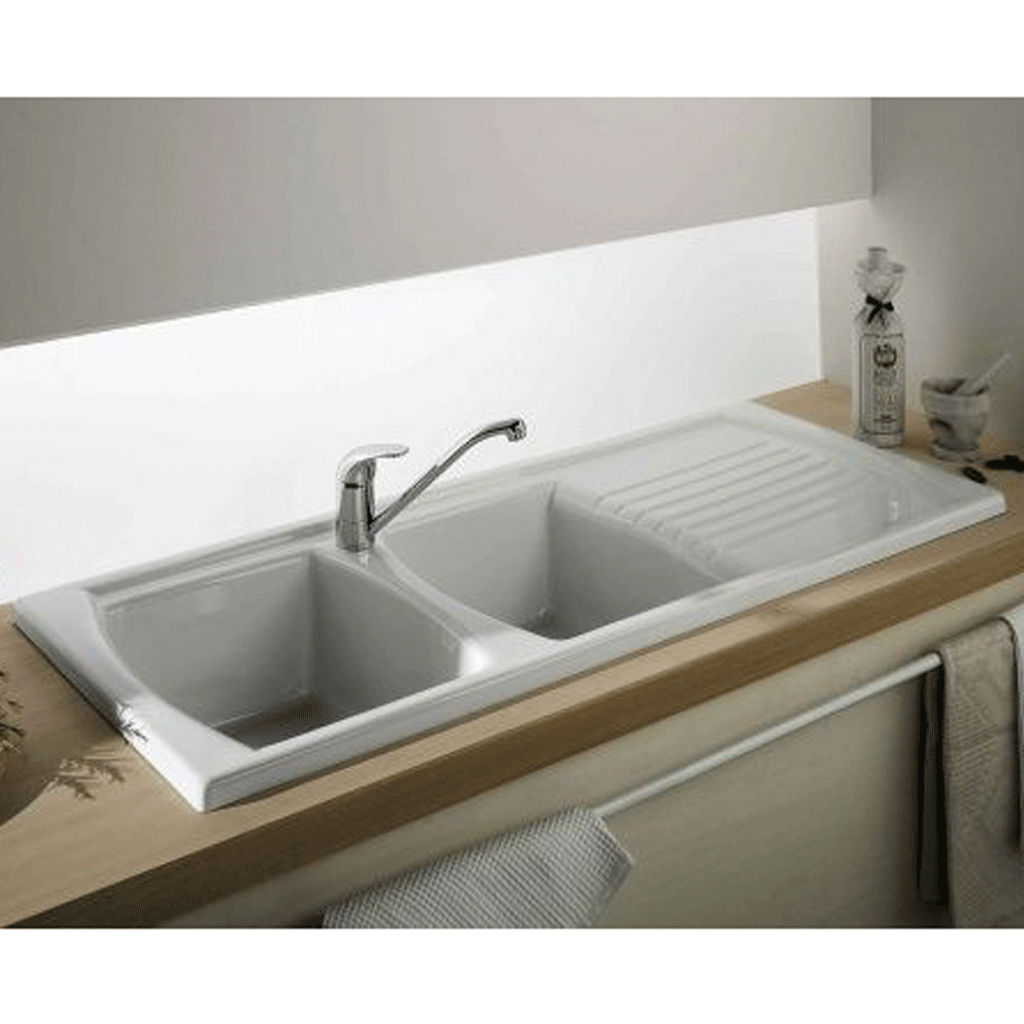 Fine Fireclay Double Sink (LUSITANO-120) Gloss White - 1 Tap Hole (Right Hand Drainer)